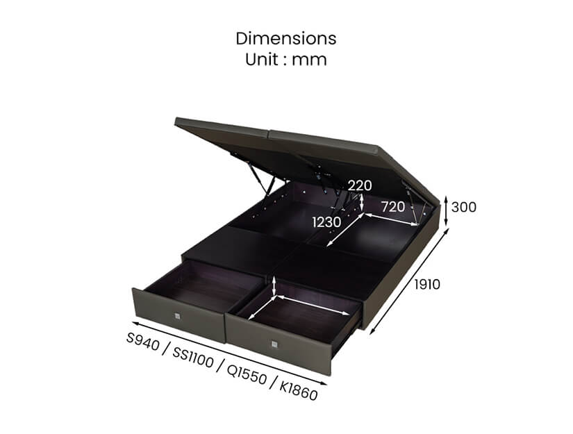 The dimensions of the Brook Leather Drawer Storage Bed Frame.