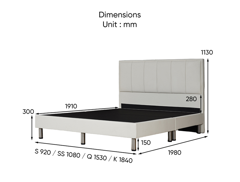 The dimensions of the Jimmy Leather Divan Bed Frame (Metal Legs).