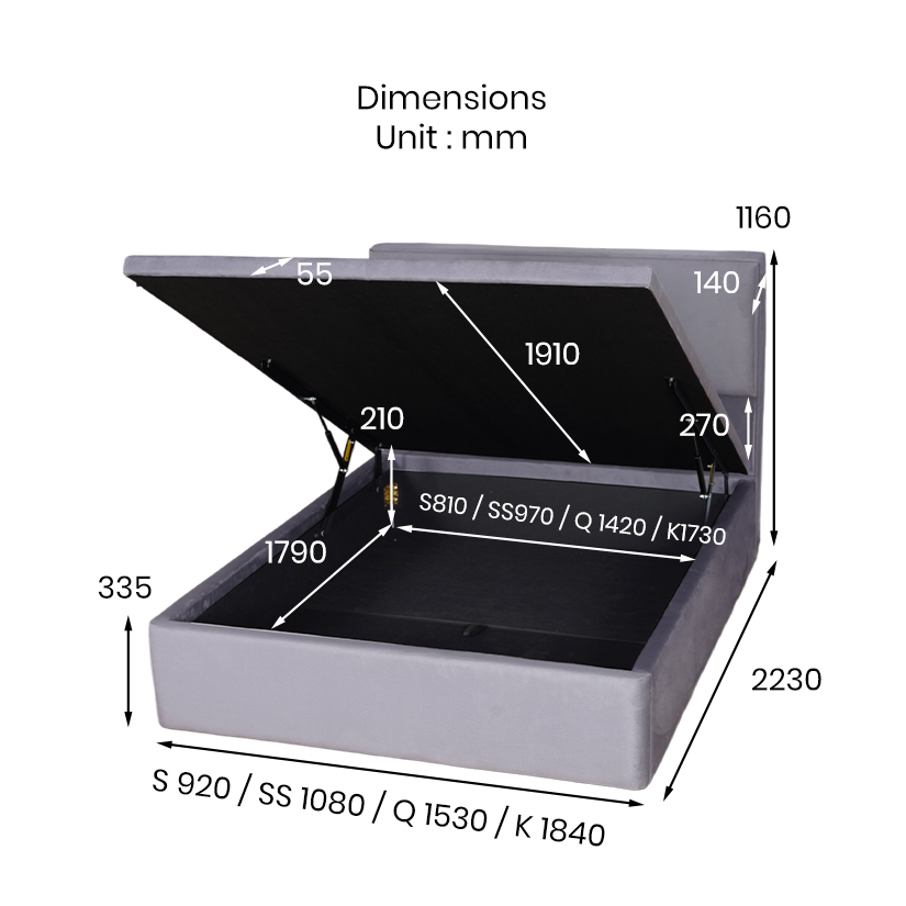The dimensions of the Kalani Velvet Storage Bed Frame.