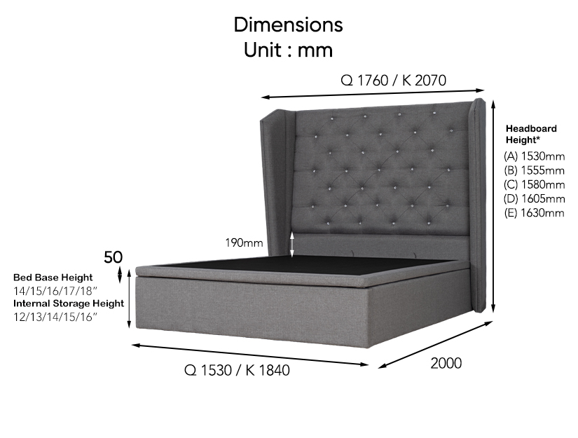 The dimensions of the Loris Fabric Storage Bed Frame.