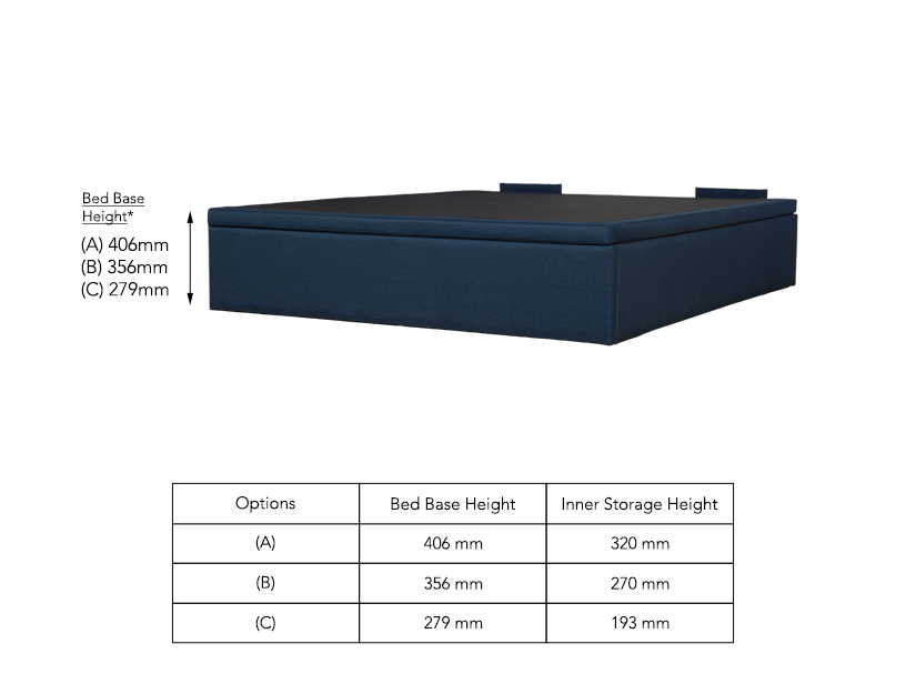 The storage height options of the Lucy Fabric Storage Bed Frame.