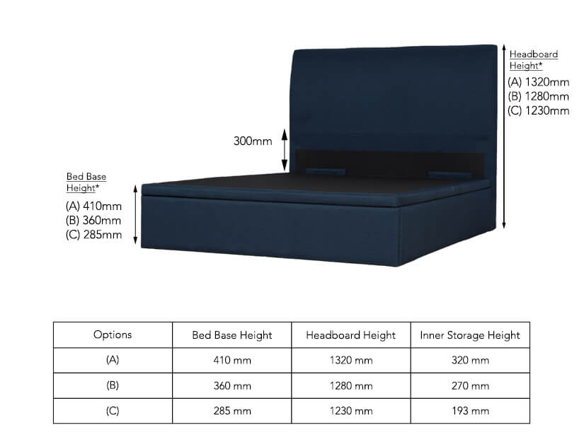 The dimensions of the Mica Fabric Storage Bed Frame overall.