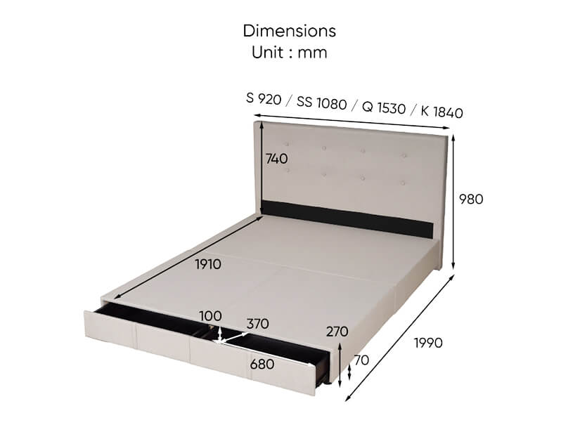 The dimensions of the Moota Front Drawer Bed Frame.