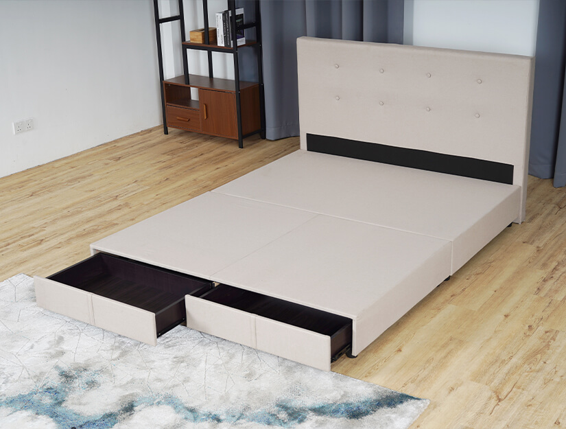 Divan bed frame with spacious front drawers. Easy to access storage.