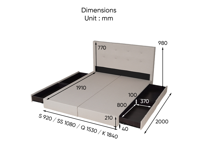 The dimensions of the Moota Drawer Bed Frame.