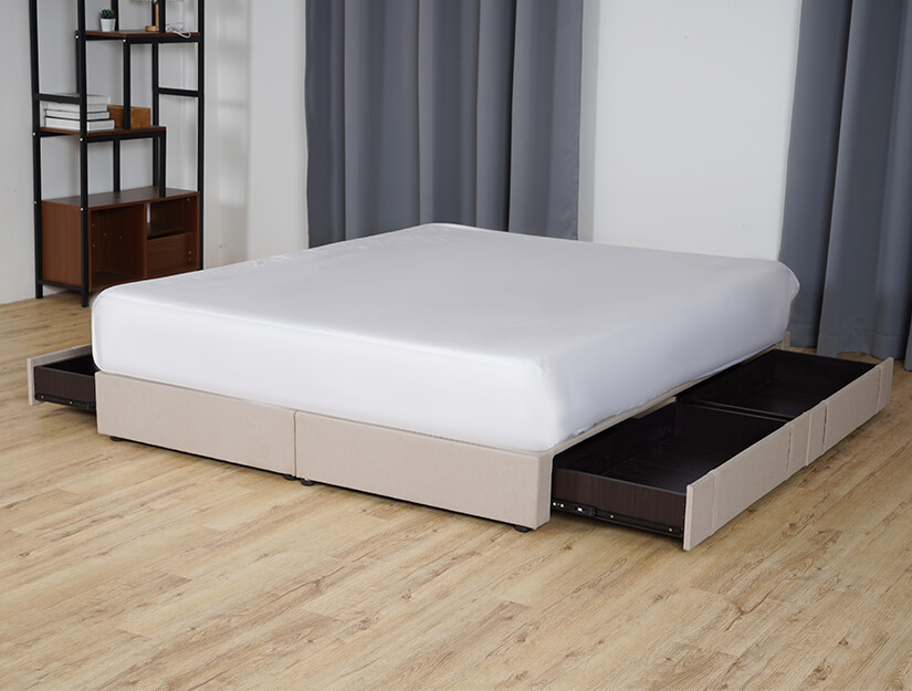 Divan bed frame with spacious side drawers. Easy to access storage.