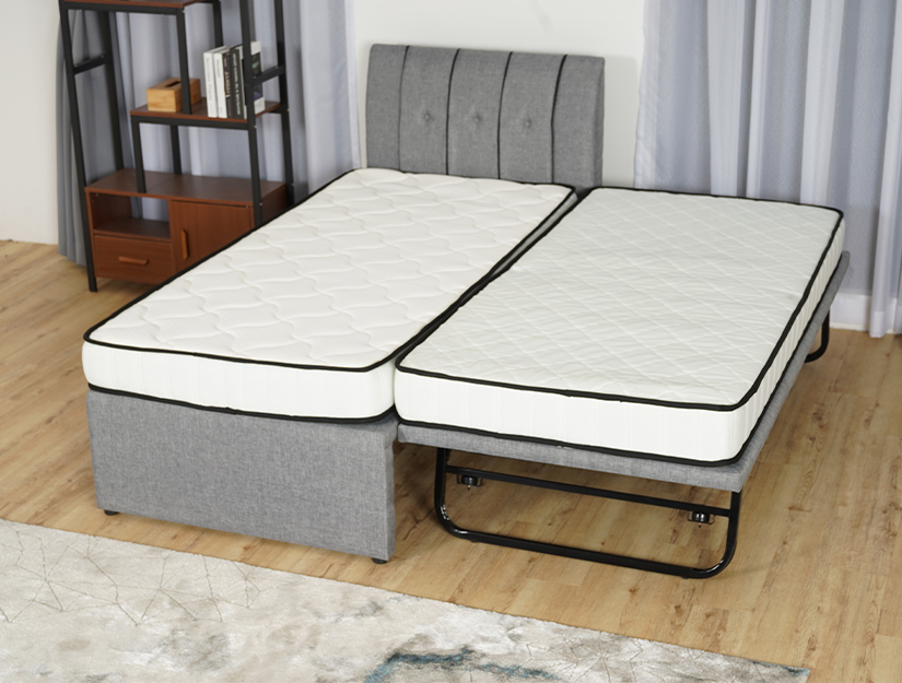 Comes with pull-out frame with trundle for a second mattress. Aligns perfectly. Space-saving & multifunction.