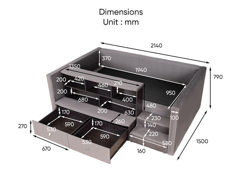 The dimensions of the Unolex Velvet Drawer Storage Bed.