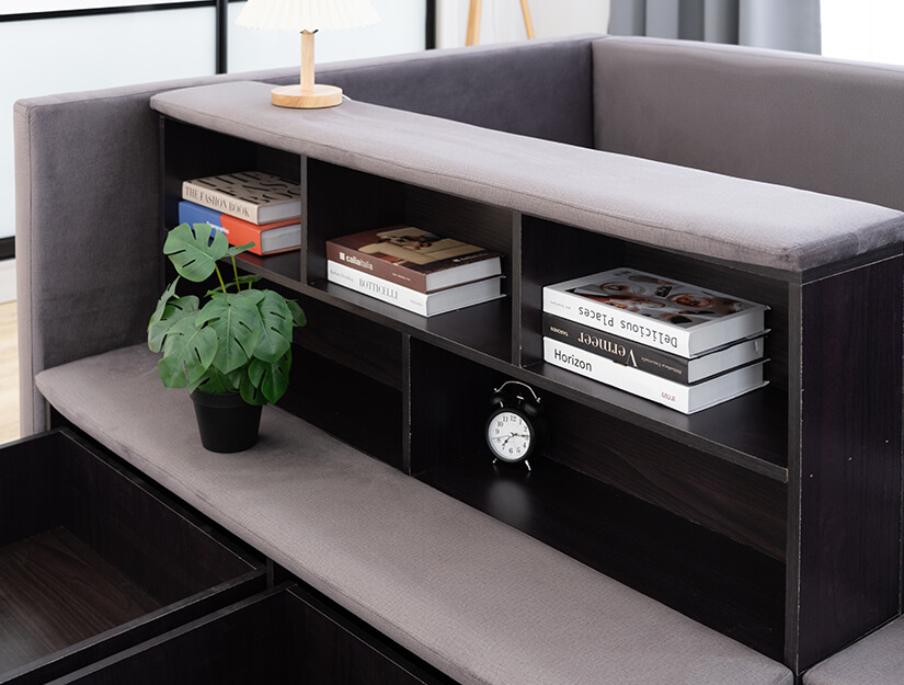 Display shelves are elegant & practical. Store all your essentials within reach.