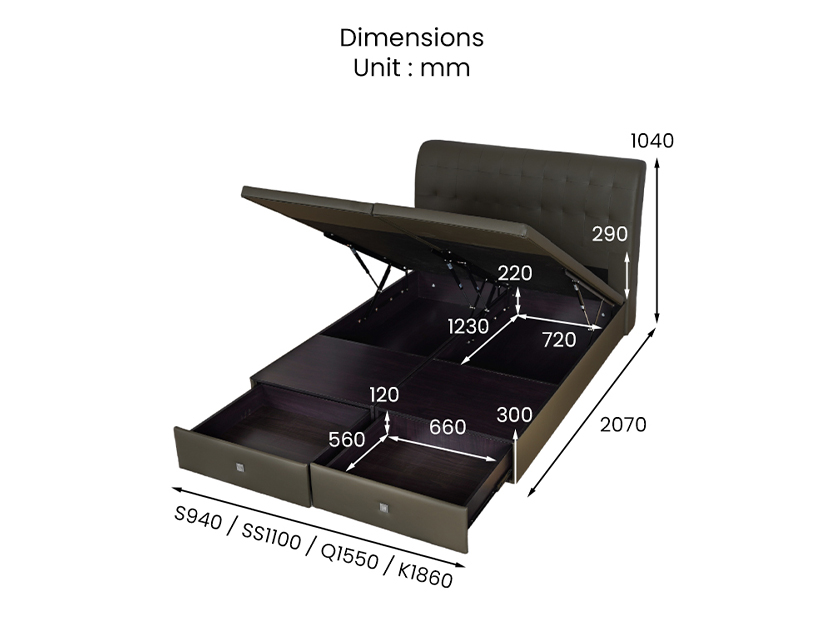 The dimensions of the Baronial Leather Drawer Storage Bed Frame