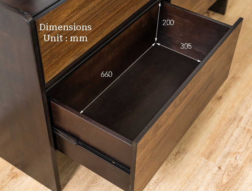 The bottom drawer dimensions of the Lucius Wooden Dressing Table.