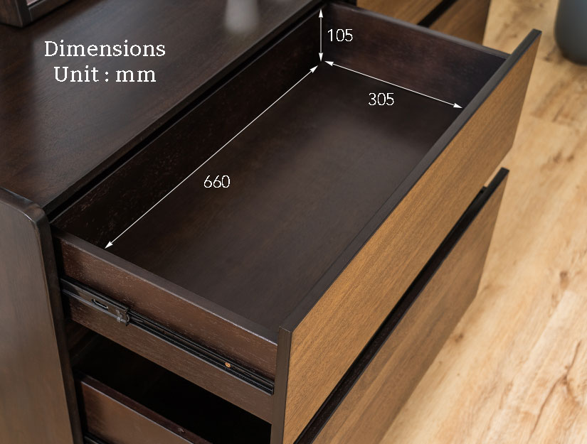 The top drawer dimensions of the Lucius Wooden Dressing Table.