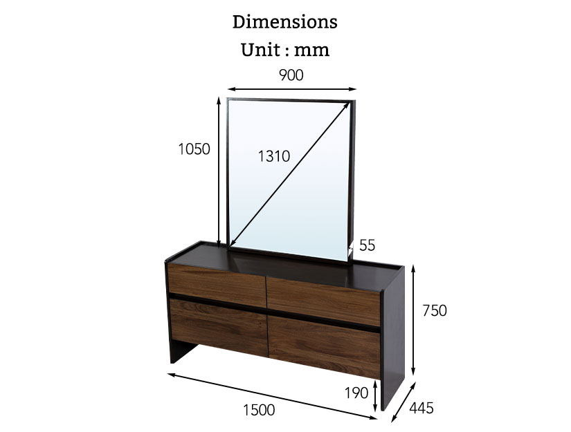 The overall dimensions of the Lucius Wooden Dressing Table.
