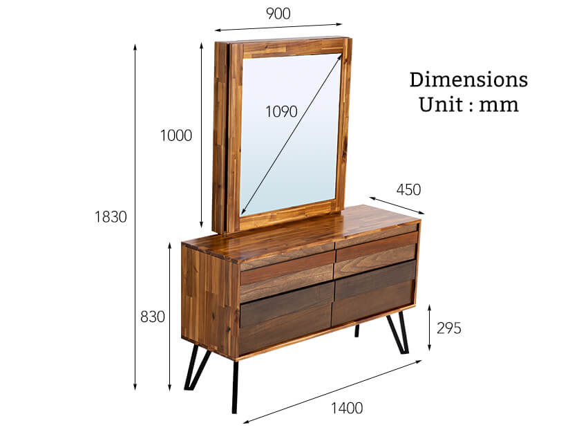 The overall dimensions of the Ruthina Wooden Dressing Table.