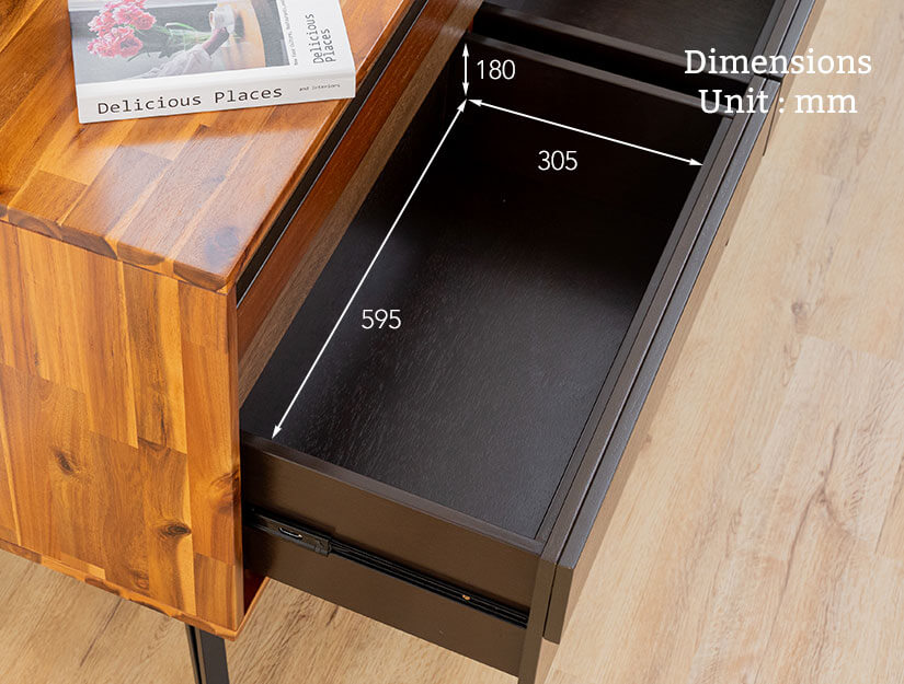 The bottom drawer dimensions of the Ruthina Wooden Dressing Table.