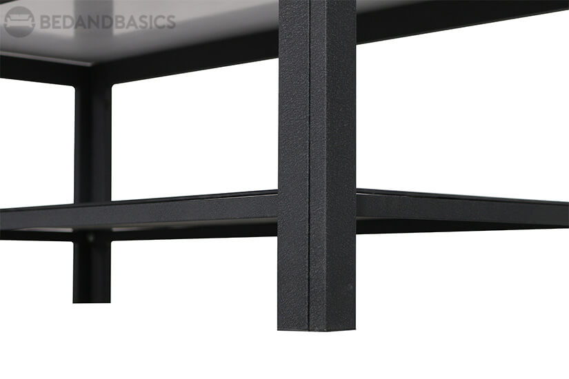 Industrial all black powder-coated metal legs. Plastic stoppers at leg base to prevent floor scratches.