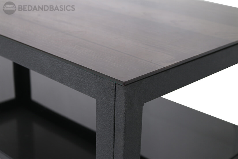 Wooden appearance tabletop with tempered glass surface.