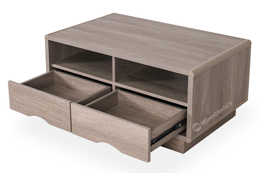 Built with a spacious tabletop, the Danette Coffee Table offers ample storage with two shelves and two drawers.
