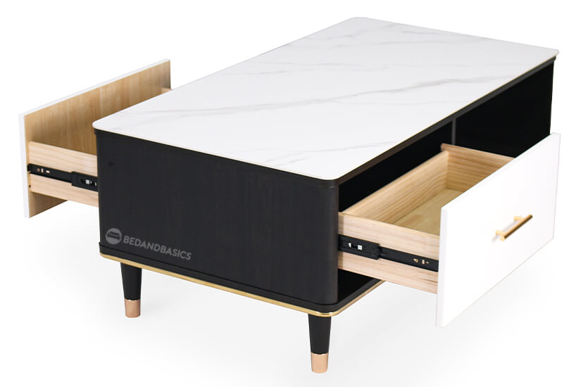 Featuring ample storage with its wide tabletop, one shelf and two drawers.