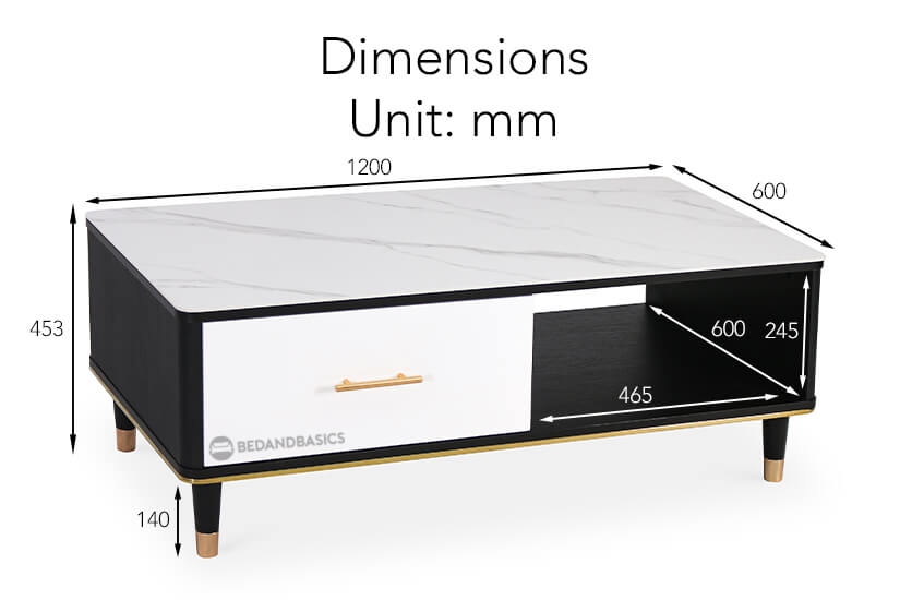 The overall dimensions of the Erasmus Coffee Table.