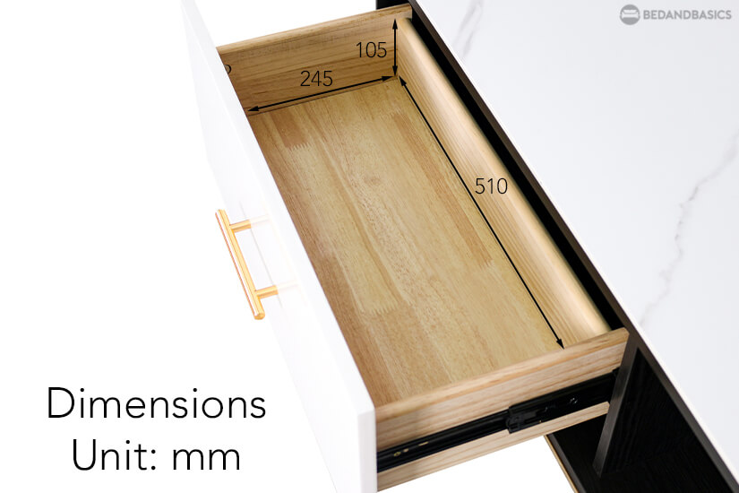 The pull-out drawer dimensions of the Erasmus Coffee Table.
