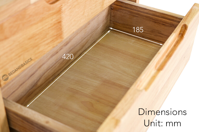 The pull-out drawer dimensions of the Olande Solid Wood Coffee Table.