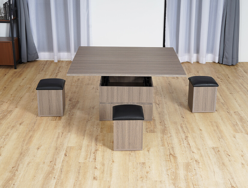 Effortlessly transforms into a dining table. Practical solution for small spaces.
