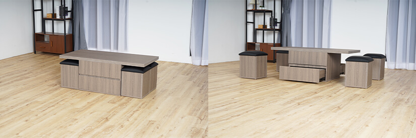 Space-saving coffee table. Comes with 4 comfy stools. Multipurpose & functional.
