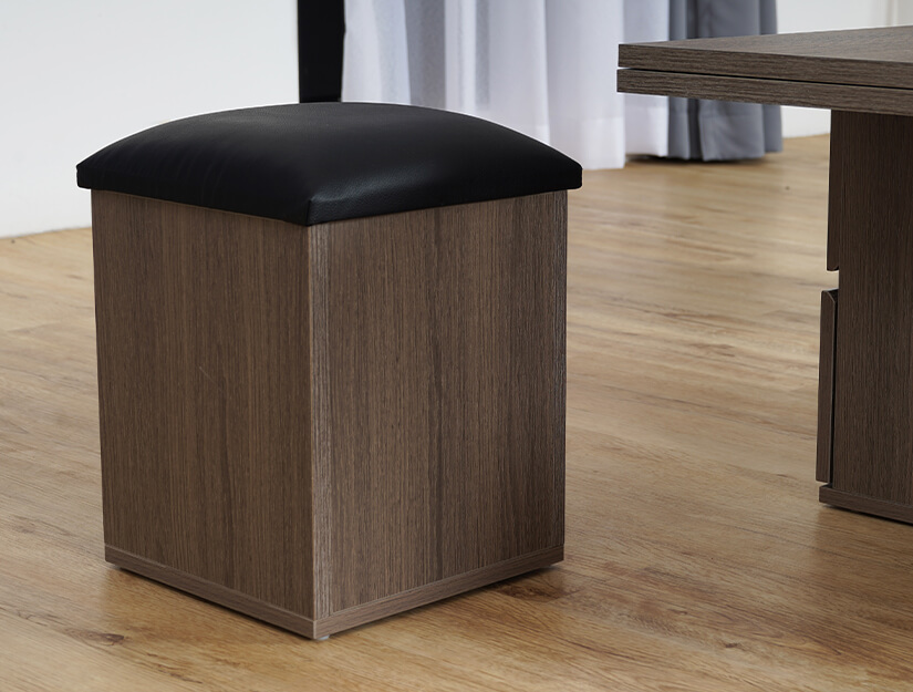 Wooden stools with cushioned seats. Upholstered in PVC leather. Cozy & elegant.