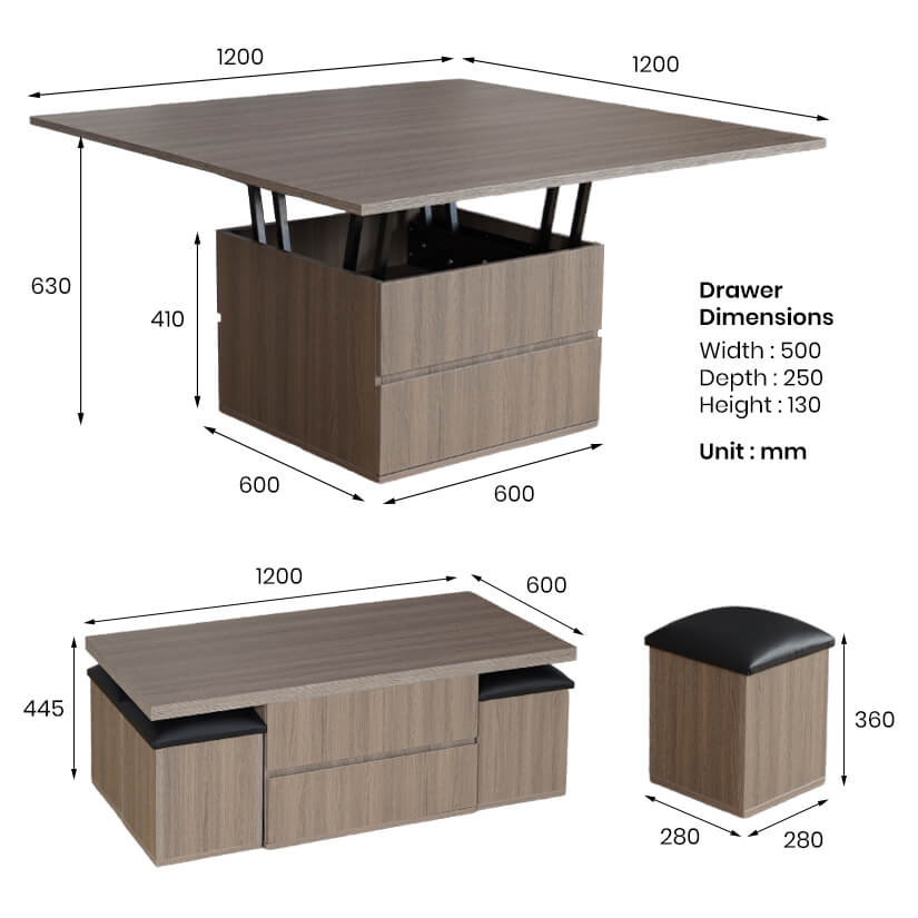 The dimensions of the Tanner Smart Coffee Table with 4 Stools.