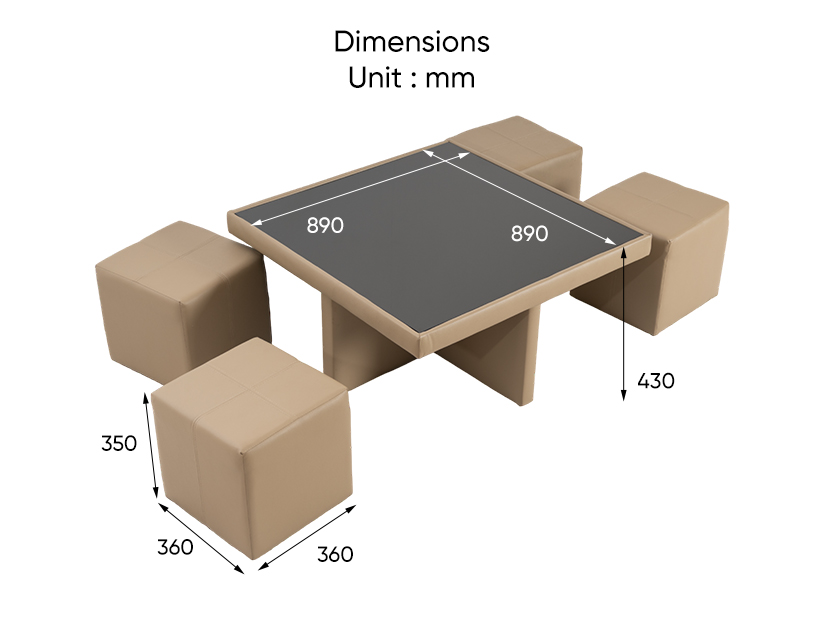 The dimensions of the Tomas Leather Coffee Table with 4 Stools.