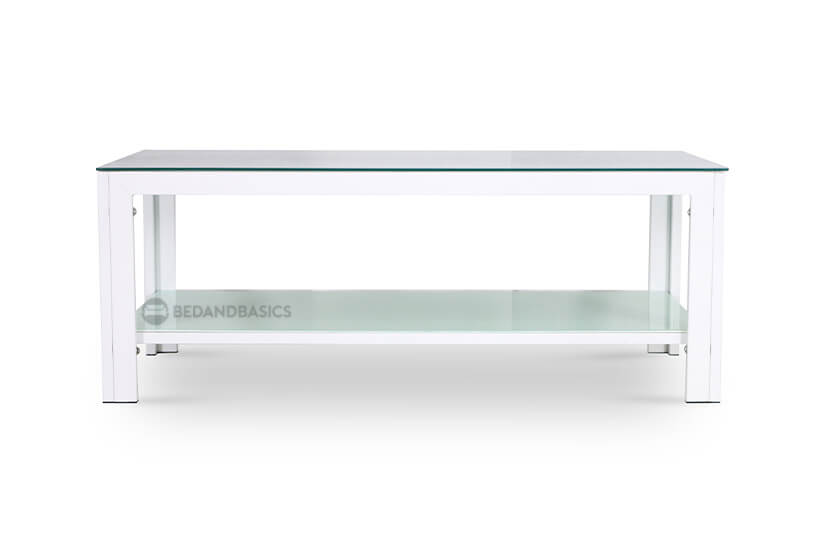  Made of white powder-coated metal frame with tempered glass tabletop and middle shelf.