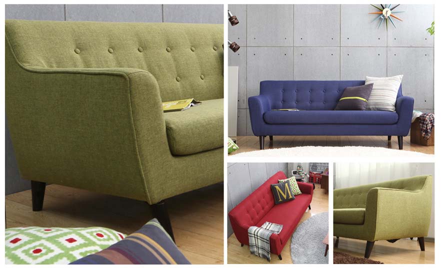The Alba Sofa in Green, Blue and red color collage.