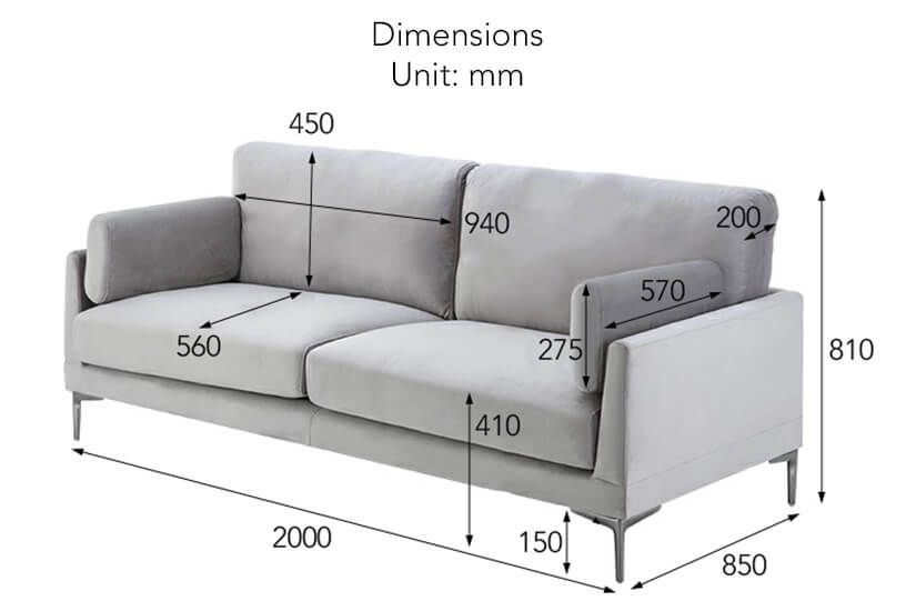 The dimensions of the Alivio Velvet sofa exclusive online at bedandbasics.sg. Buy living room furniture in SG today!
