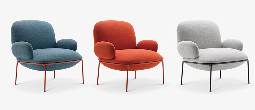 Slim, straight legs. Paired with rounded, plump cushions. Like a balloon held by its stick holder. A juxtaposition. Design that stimulates your mind. Reflects your creative personality.