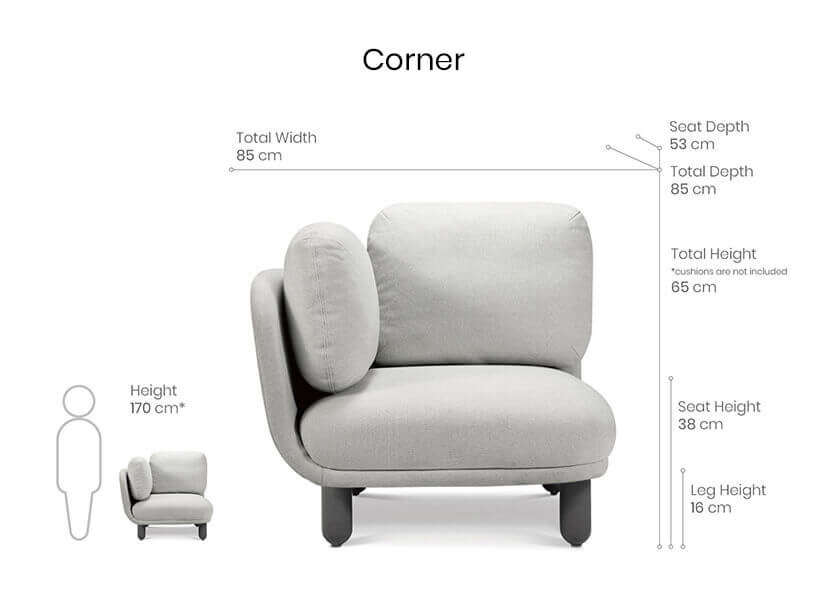 dimensions of 1 seater corner sofa