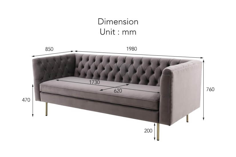 The dimensions of the Elias Chesterfield 3 Seater Sofa.