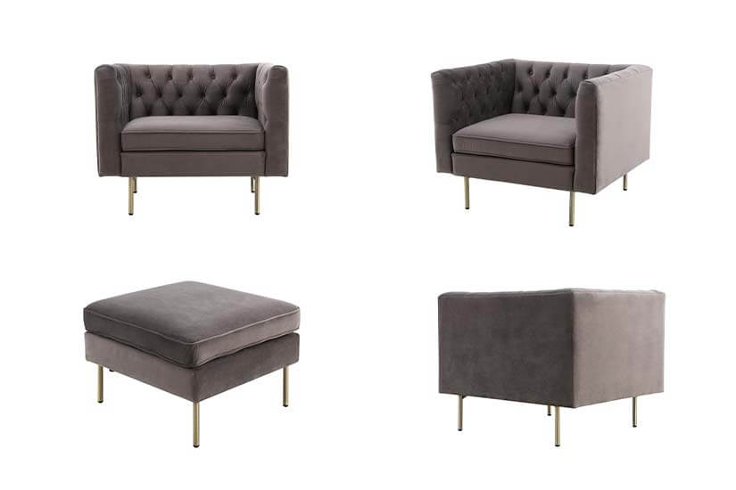 The different angles of the Elias Chesterfield Armchair and ottoman.