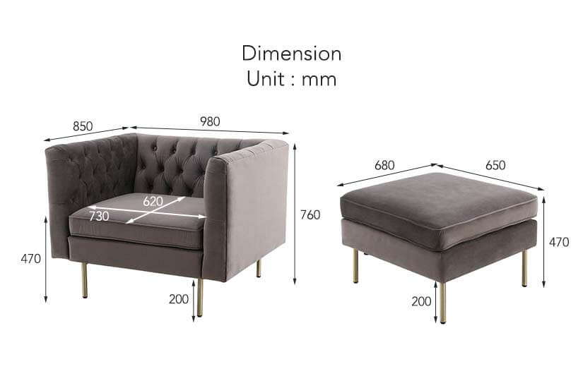 The dimensions of the Elias Chesterfield Armchair and ottoman.