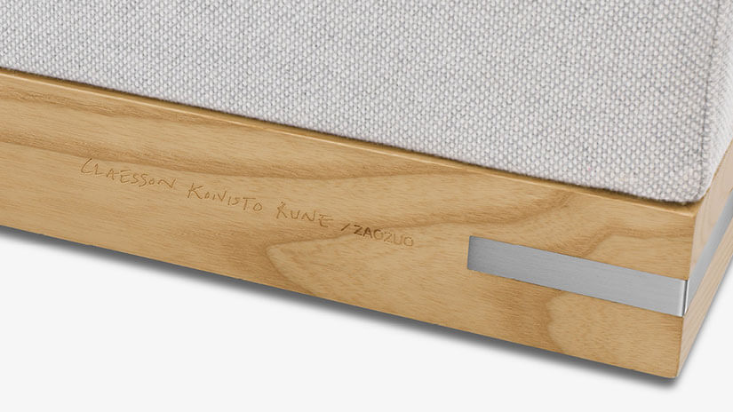 An authentic design by CKR. Autograph of Claesson Koivisto Rune laser engraved at sofa base.
