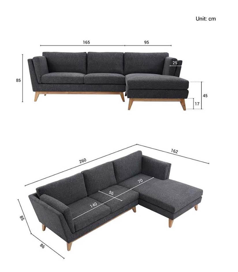 The Dimensions of the Hansford L Shaped Sofa.