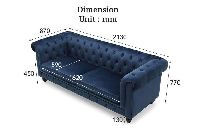 The dimensions of the Hugo 3 Seater chesterfield Sofa with stain resistant velvet fabric.. Shop your living room furniture online in Singapore (SG) today.