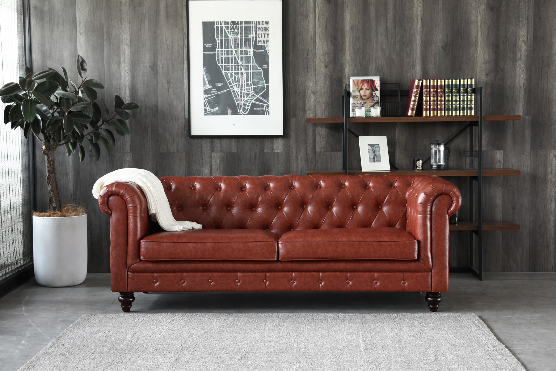 Hugo 3 Seater Chesterfield Sofa - Vintage Brown Leather | BedandBasics