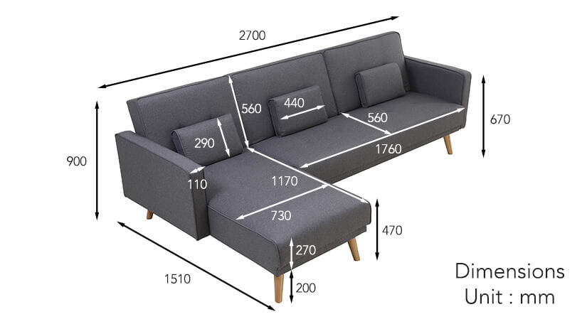 Dimensions of the Kano L-shaped sofa bed in sofa style.