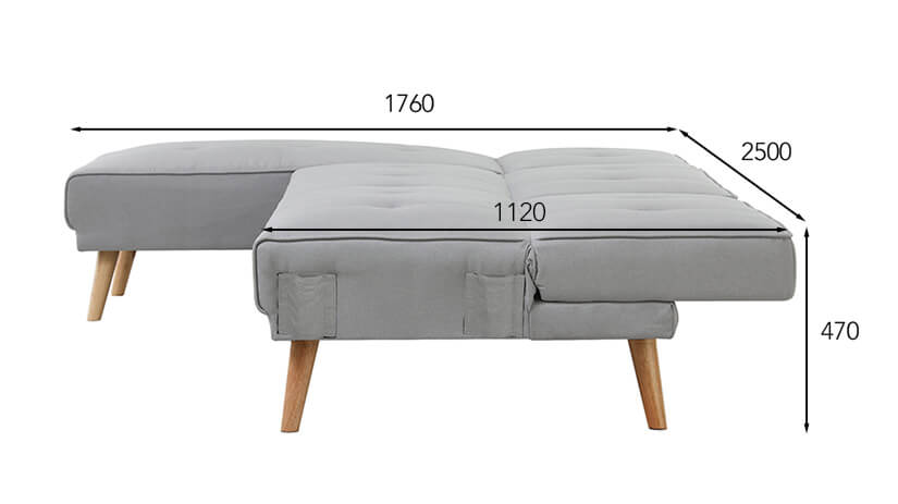 Dimensions of the Kano L-shaped sofa bed in bed style.