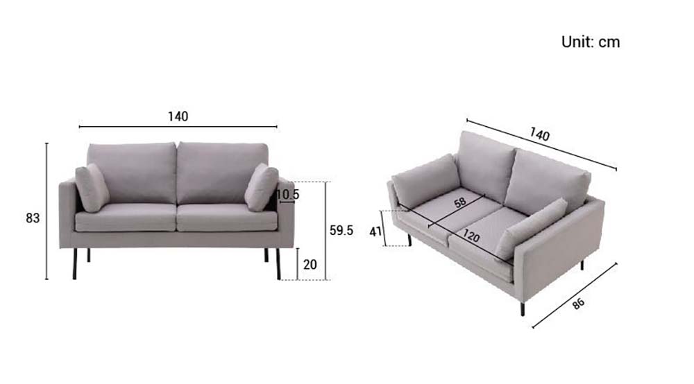 Overall height of 83cm. The height of the sofa up till its arm rests is 59.5cm and its legs are 20cm tall. The overall length of the sofa is 140cm and the width of the arm rest is 10.5cm.