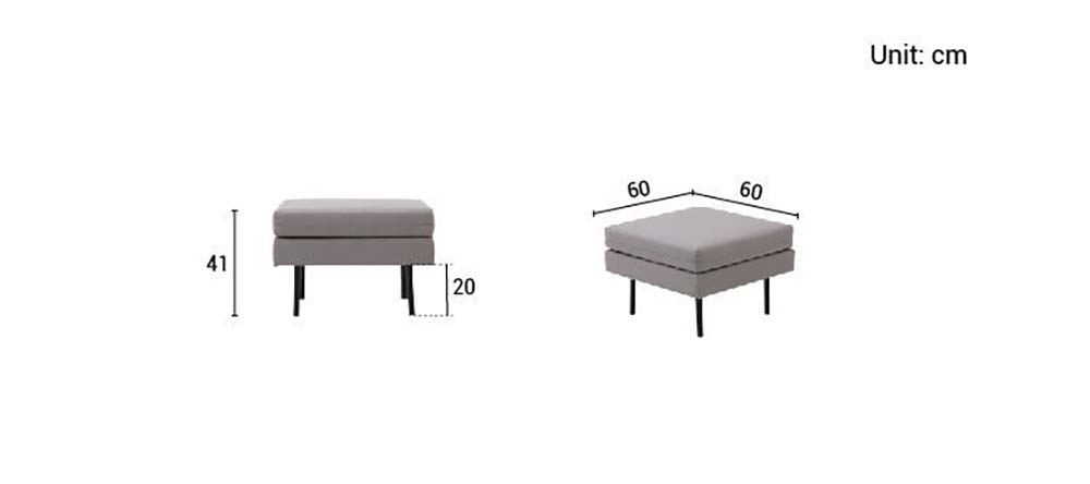 The height of the ottoman is 41cm and its legs are 20cm tall. Lengthwise, it's 60 by 60cm.