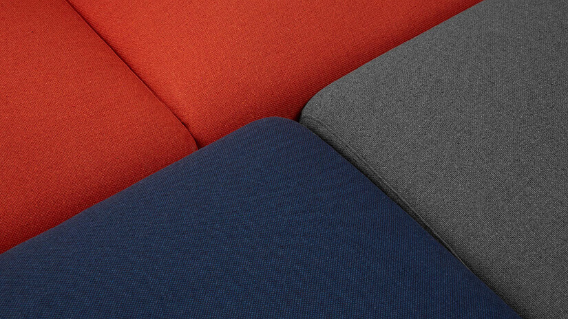 Upholstery made of a blend of polyester and acrylic fibre. Velvety wool texture. High elasticity and strength. Wrinkle resistant. Available in Sea Blue, River Grey and Orange Red.