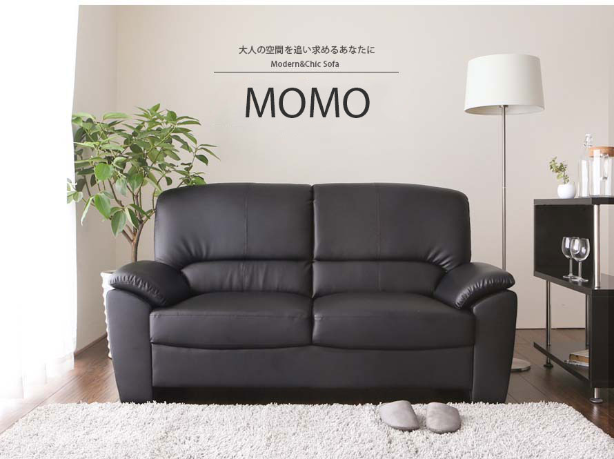 The Momo 2 seater Japanese sofa front view with a scandinavian ivory colored carpet.