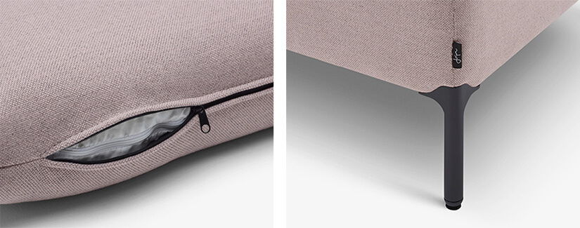 Removable cushion covers. Discrete YKK zippers.Matte metal legs. Adjustable rubber pads.